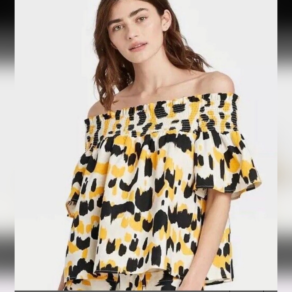 Who What Wear Linen Graphic Smocked Off The Shoulder Short Sleeve Blouse…